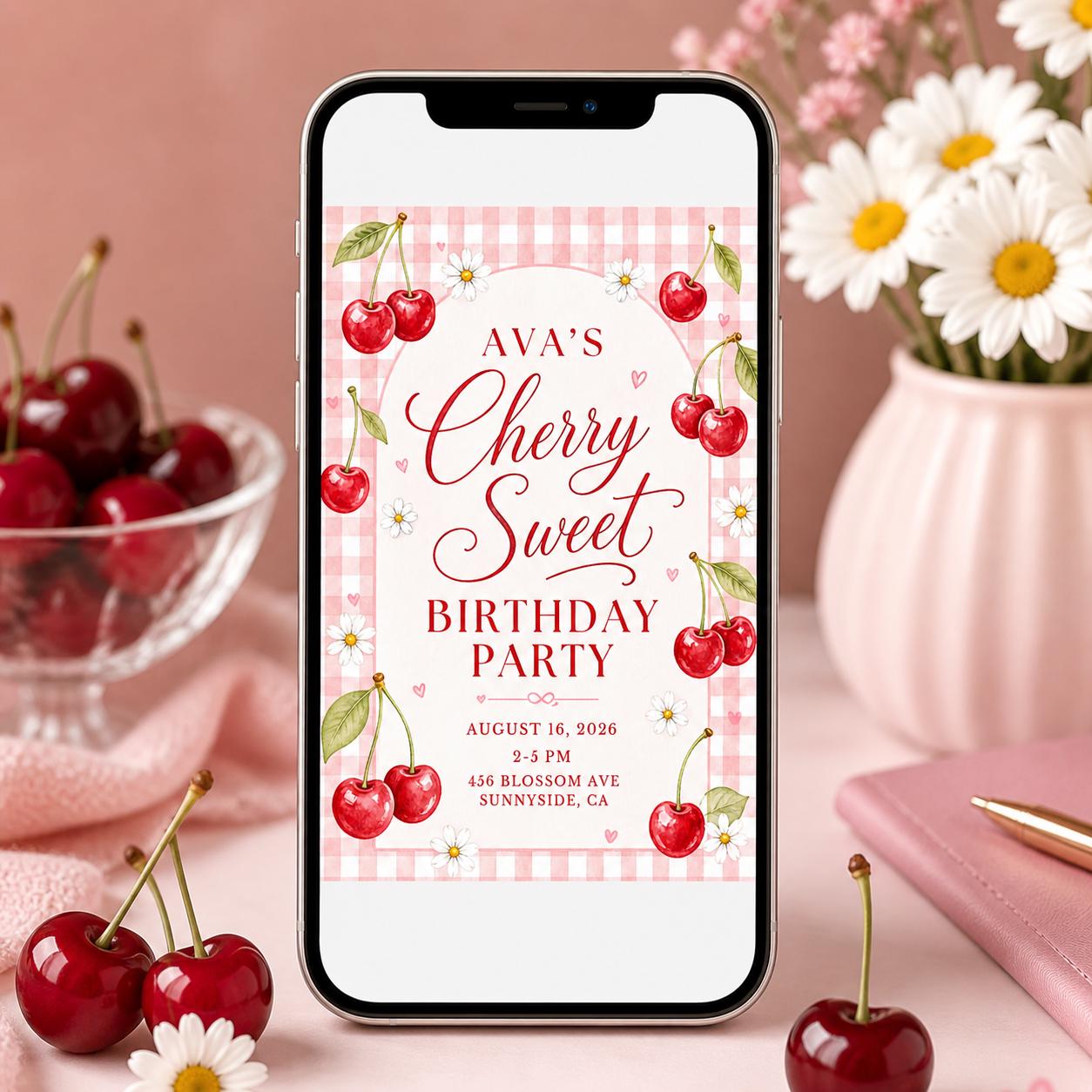 Cherry Sweet Birthday Party Invitation, Editable Canva Template, Cherry Bow Birthday Invite, Cherry Theme Girl Birthday Party, Custom Invite __etsy:8030045391