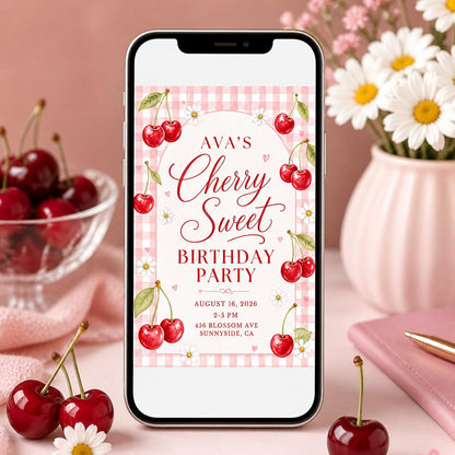 Cherry Sweet Birthday Party Invitation, Editable Canva Template, Cherry Bow Birthday Invite, Cherry Theme Girl Birthday Party, Custom Invite __etsy:8030045391
