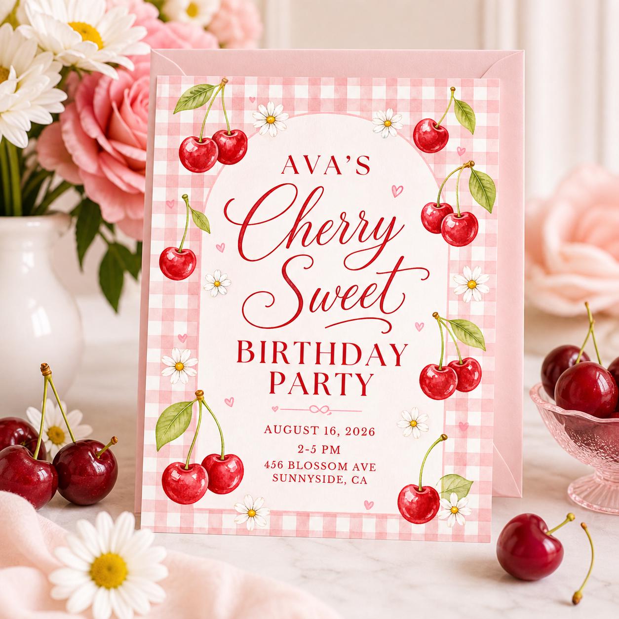 Cherry Sweet Birthday Party Invitation, Editable Canva Template, Cherry Bow Birthday Invite, Cherry Theme Girl Birthday Party, Custom Invite __etsy:8030045395
