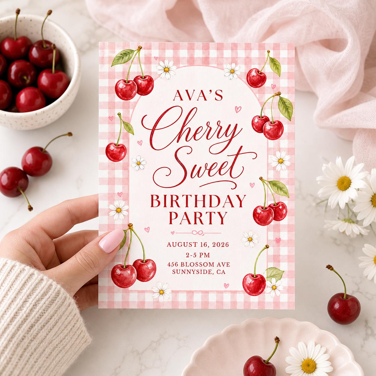 Cherry Sweet Birthday Party Invitation, Editable Canva Template, Cherry Bow Birthday Invite, Cherry Theme Girl Birthday Party, Custom Invite __etsy:8030045401