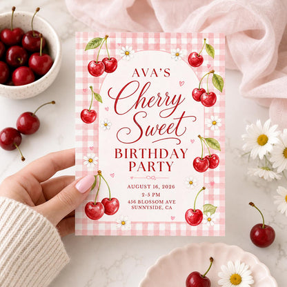 Cherry Sweet Birthday Party Invitation, Editable Canva Template, Cherry Bow Birthday Invite, Cherry Theme Girl Birthday Party, Custom Invite __etsy:8030045401