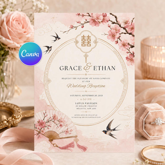 Chinese Wedding Invitation, Editable Cherry Blossom Double Happiness Template, Bilingual Asian Wedding Invite,  Cherry Blossom Floral Design __etsy:8177717669