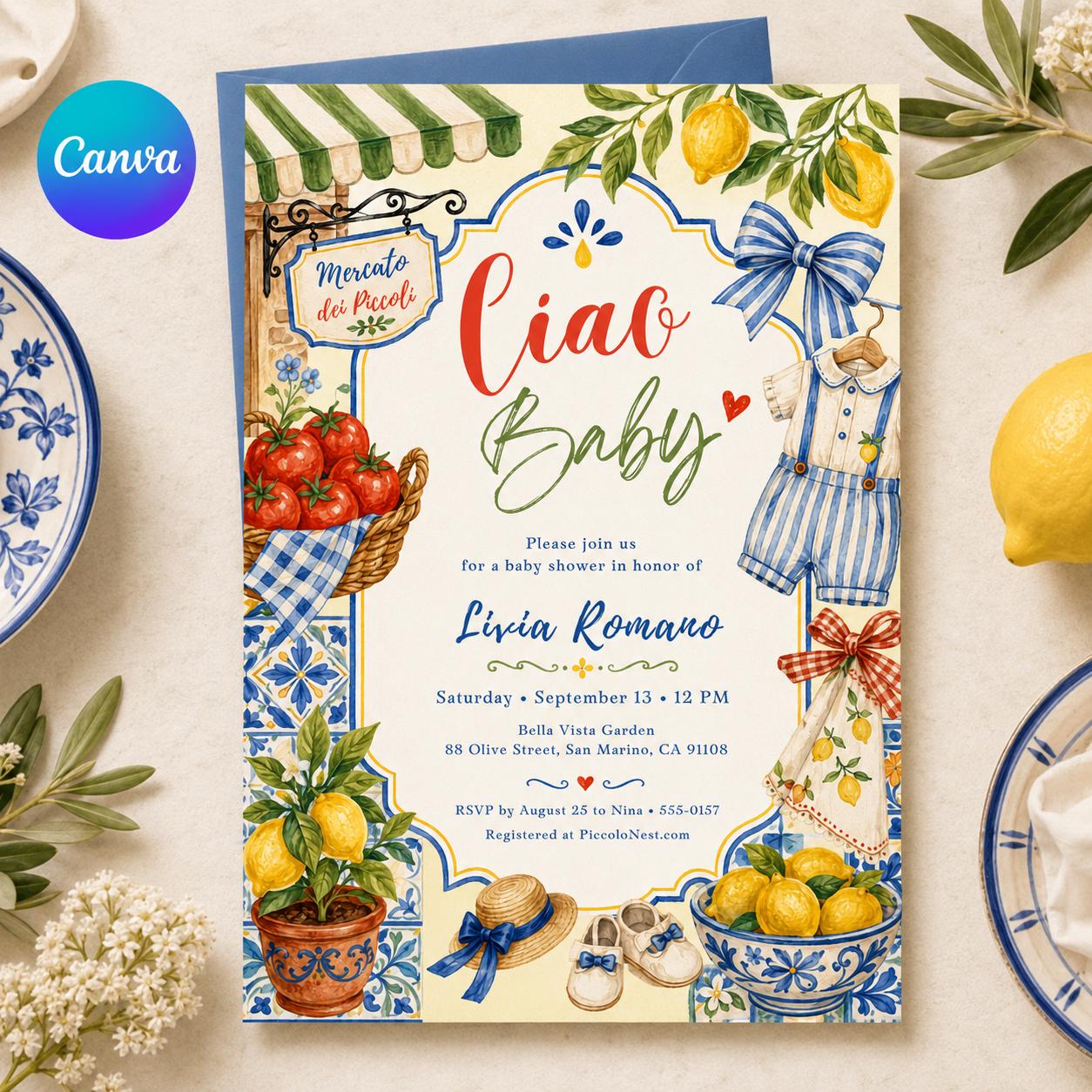 Ciao Baby Shower Invitation Template, Amalfi Coast Lemon Mobile Evite, Editable Canva Blue Tile Theme, Mediterranean Baby Shower, Canva __etsy:8063181506