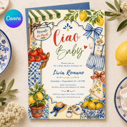 Ciao Baby Shower Invitation Template, Amalfi Coast Lemon Mobile Evite, Editable Canva Blue Tile Theme, Mediterranean Baby Shower, Canva __etsy:8063181506