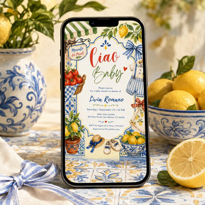 Ciao Baby Shower Invitation Template, Amalfi Coast Lemon Mobile Evite, Editable Canva Blue Tile Theme, Mediterranean Baby Shower, Canva __etsy:8111099655