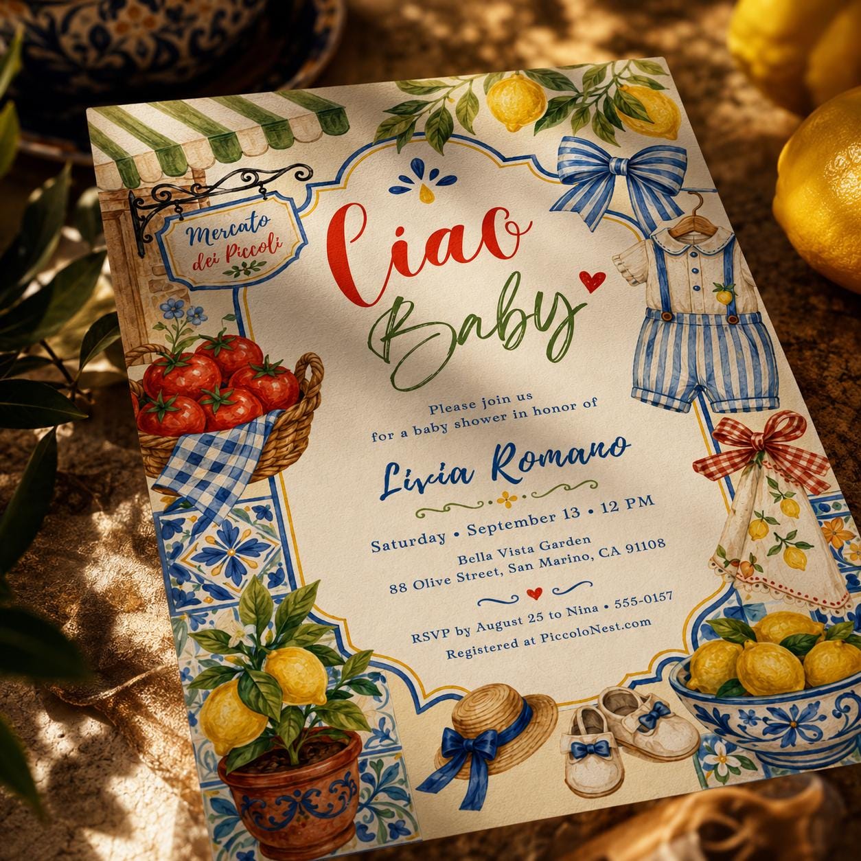 Ciao Baby Shower Invitation Template, Amalfi Coast Lemon Mobile Evite, Editable Canva Blue Tile Theme, Mediterranean Baby Shower, Canva __etsy:8111100057