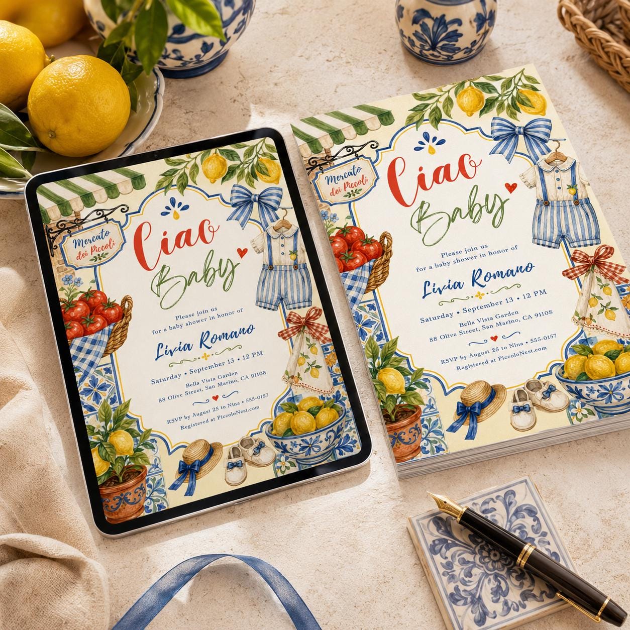 Ciao Baby Shower Invitation Template, Amalfi Coast Lemon Mobile Evite, Editable Canva Blue Tile Theme, Mediterranean Baby Shower, Canva __etsy:8063181520