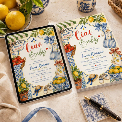 Ciao Baby Shower Invitation Template, Amalfi Coast Lemon Mobile Evite, Editable Canva Blue Tile Theme, Mediterranean Baby Shower, Canva __etsy:8063181520