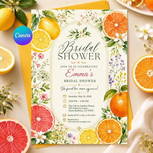 Citrus Bridal Shower Invitation Editable Template, She Found Her Main Squeeze Invite, Lemon Orange Grapefruit Theme, Citrus Bridal Shower __etsy:8128410294