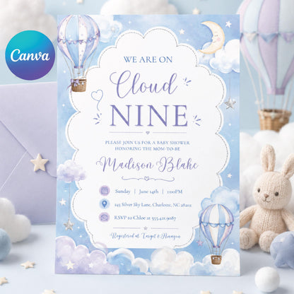 Cloud Nine Baby Shower Invitation Template, Printable Boho Cloud Baby Shower, Cloud 9 Baby Shower Evite, Blue Baby Shower, Boy Baby, Canva __etsy:8022557214