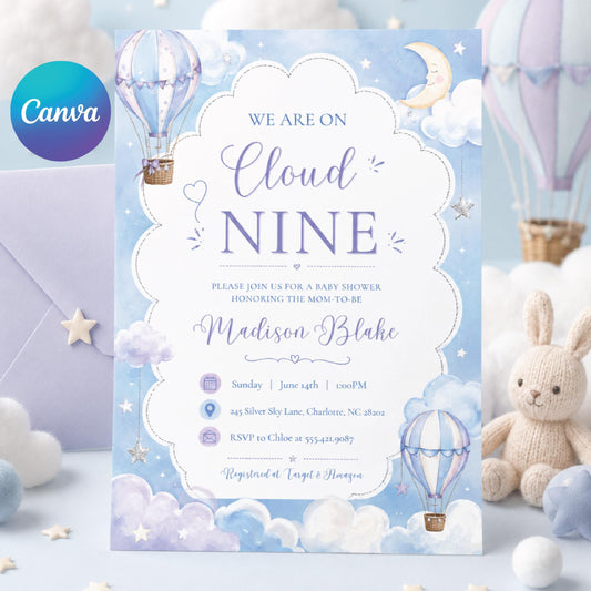 Cloud Nine Baby Shower Invitation Template, Printable Boho Cloud Baby Shower, Cloud 9 Baby Shower Evite, Blue Baby Shower, Boy Baby, Canva __etsy:8022557214