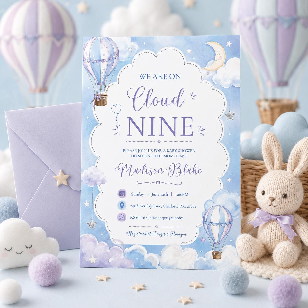 Cloud Nine Baby Shower Invitation Template, Printable Boho Cloud Baby Shower, Cloud 9 Baby Shower Evite, Blue Baby Shower, Boy Baby, Canva __etsy:8070466939