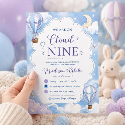 Cloud Nine Baby Shower Invitation Template, Printable Boho Cloud Baby Shower, Cloud 9 Baby Shower Evite, Blue Baby Shower, Boy Baby, Canva __etsy:8022553300