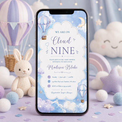 Cloud Nine Baby Shower Invitation Template, Printable Boho Cloud Baby Shower, Cloud 9 Baby Shower Evite, Blue Baby Shower, Boy Baby, Canva __etsy:8070466935