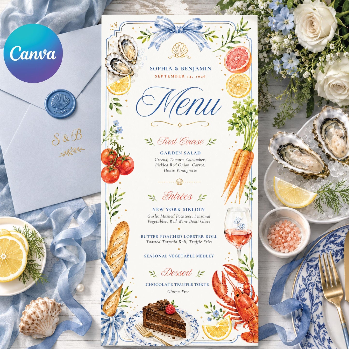 Coastal Wedding Menu Template, Hand-Painted Watercolor, Editable Canva Menu Template: Sophia & Benjamin Wedding Dinner, Canva Template __etsy:8025884076