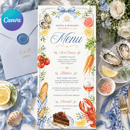 Coastal Wedding Menu Template, Hand-Painted Watercolor, Editable Canva Menu Template: Sophia & Benjamin Wedding Dinner, Canva Template __etsy:8025884076