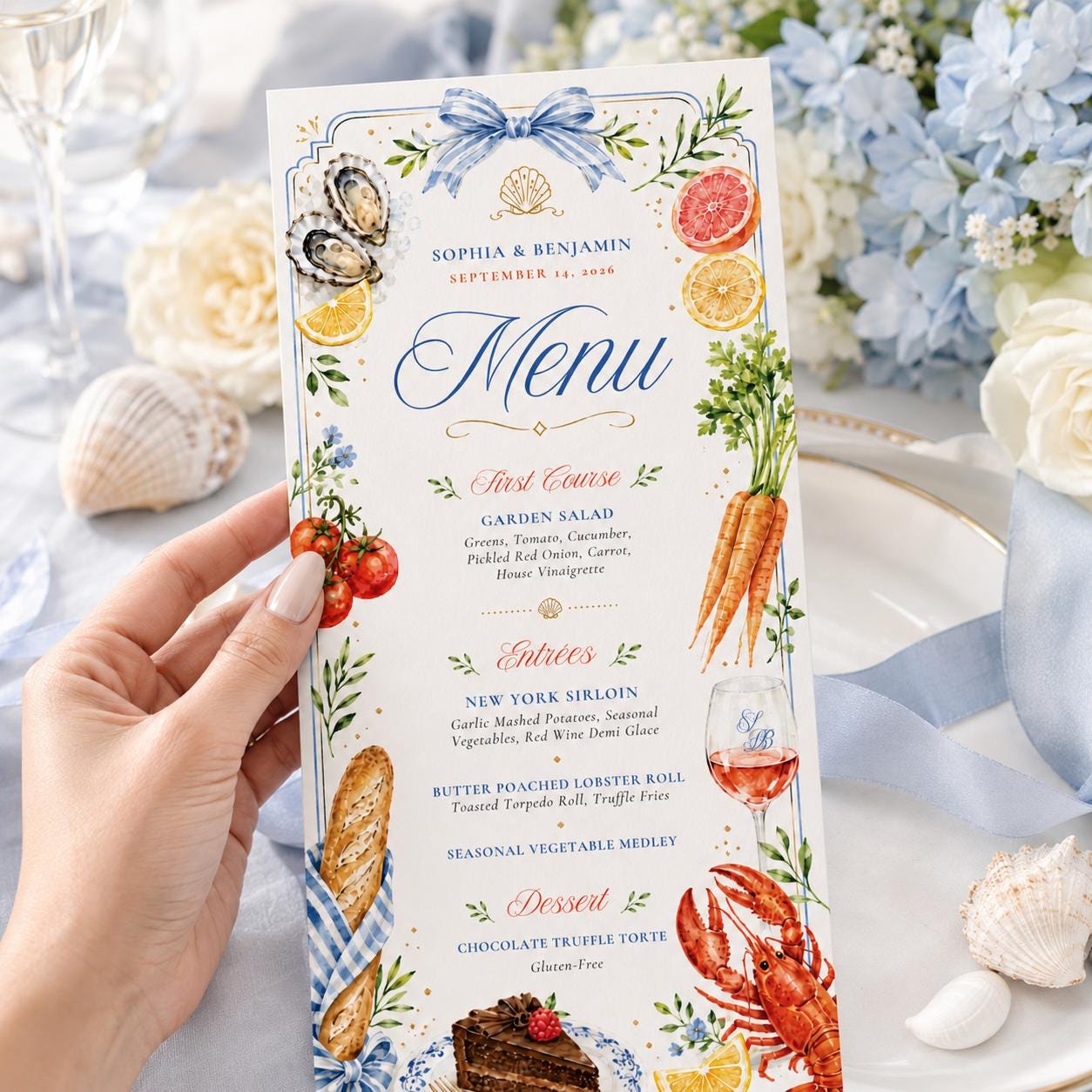Coastal Wedding Menu Template, Hand-Painted Watercolor, Editable Canva Menu Template: Sophia & Benjamin Wedding Dinner, Canva Template __etsy:8073782079