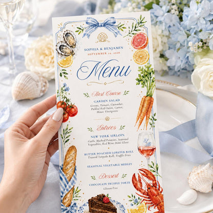 Coastal Wedding Menu Template, Hand-Painted Watercolor, Editable Canva Menu Template: Sophia & Benjamin Wedding Dinner, Canva Template __etsy:8073782079