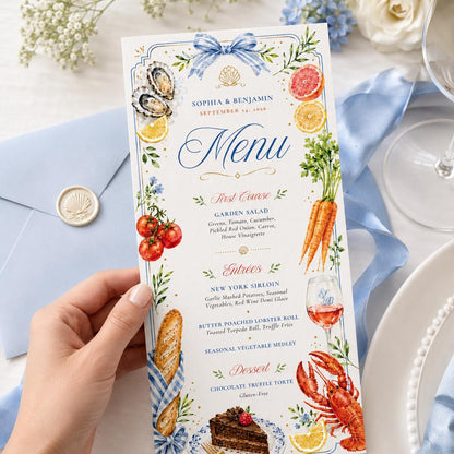 Coastal Wedding Menu Template, Hand-Painted Watercolor, Editable Canva Menu Template: Sophia & Benjamin Wedding Dinner, Canva Template __etsy:8073782081
