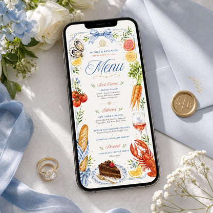 Coastal Wedding Menu Template, Hand-Painted Watercolor, Editable Canva Menu Template: Sophia & Benjamin Wedding Dinner, Canva Template __etsy:8073782085