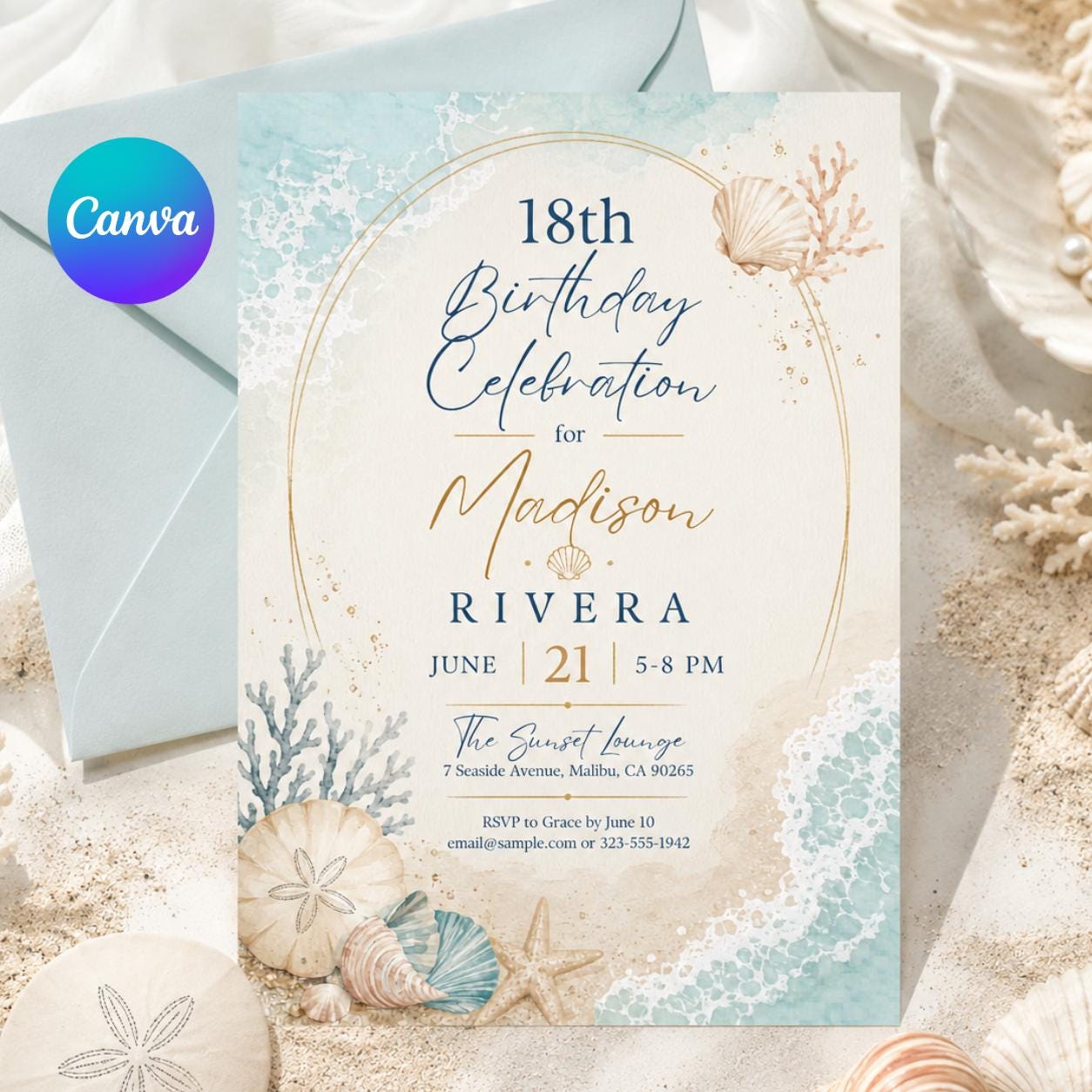Coastal 18th Birthday Invitation Template, Blue Beach Birthday Brunch Invite, Beach Theme  Party Invitation, editable Blue Coastal Birthday __etsy:8081198717