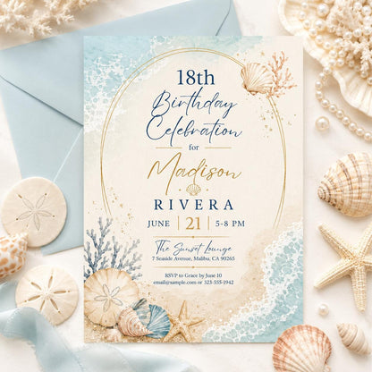 Coastal 18th Birthday Invitation Template, Blue Beach Birthday Brunch Invite, Beach Theme  Party Invitation, editable Blue Coastal Birthday __etsy:8081180495