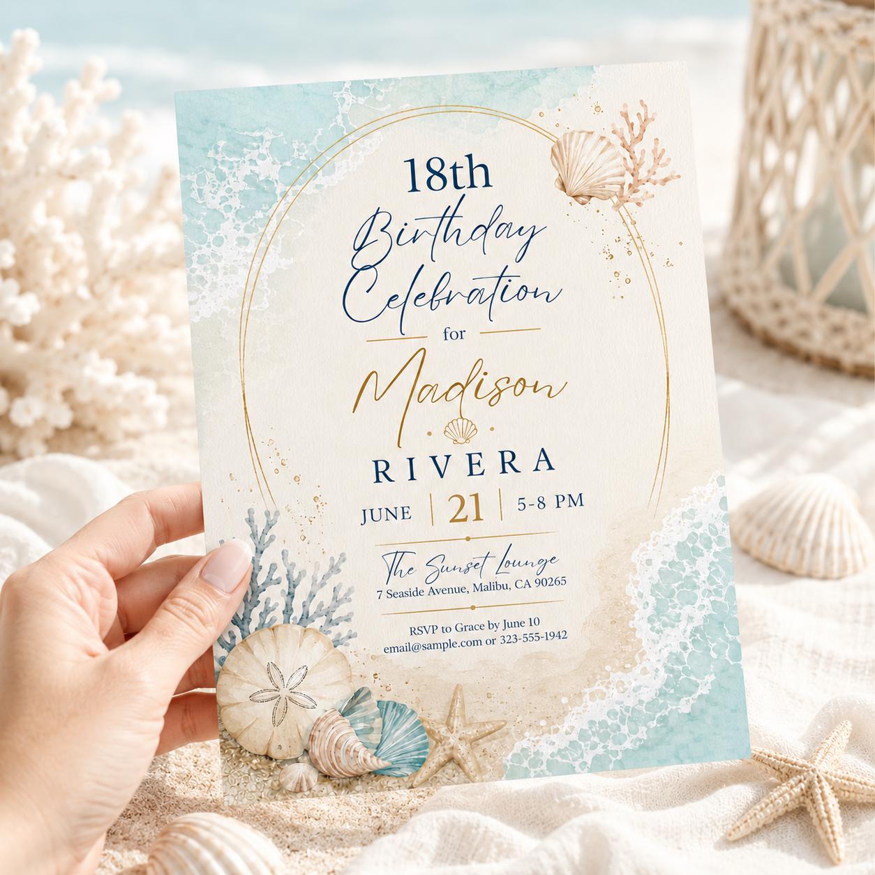 Coastal 18th Birthday Invitation Template, Blue Beach Birthday Brunch Invite, Beach Theme  Party Invitation, editable Blue Coastal Birthday __etsy:8081180429