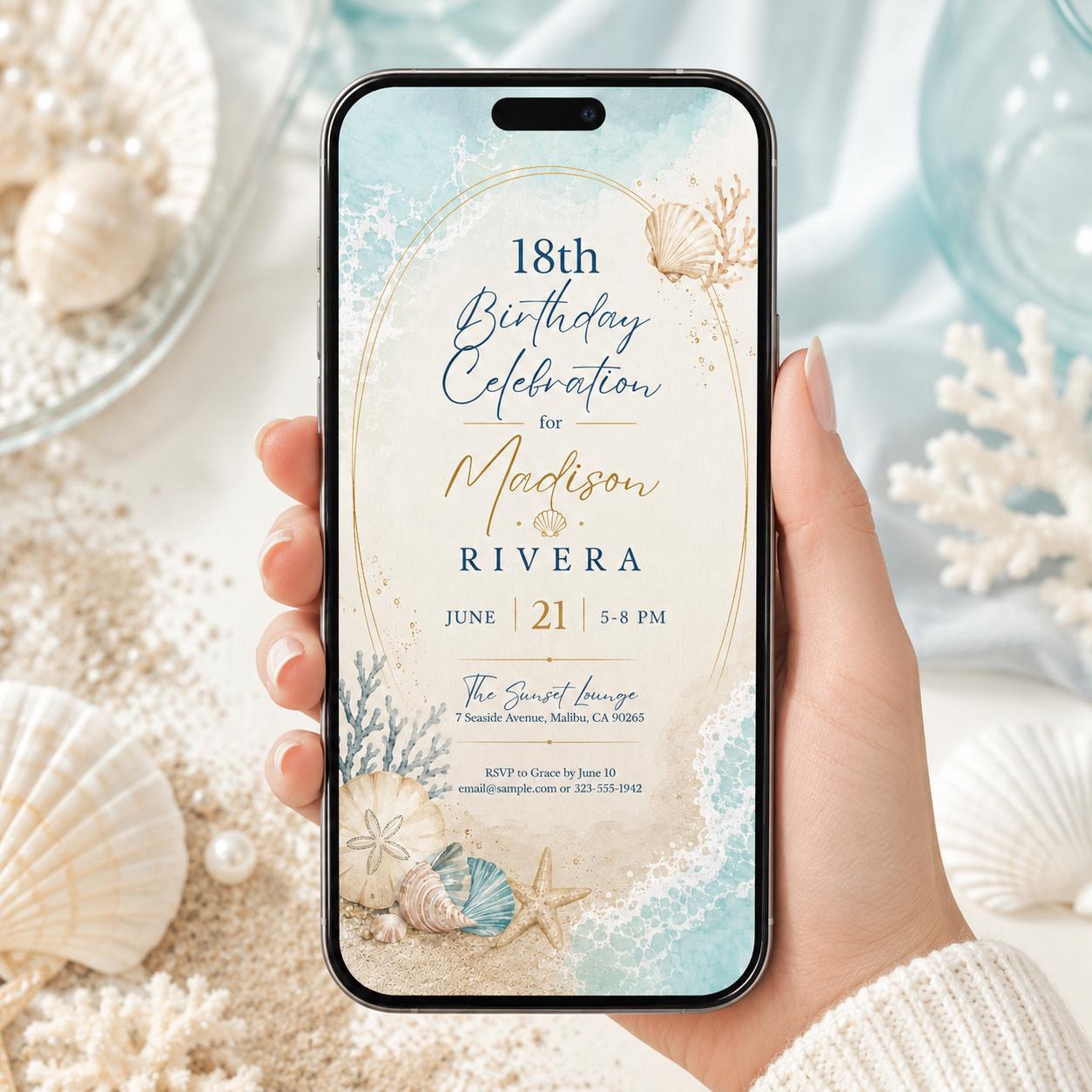 Coastal 18th Birthday Invitation Template, Blue Beach Birthday Brunch Invite, Beach Theme  Party Invitation, editable Blue Coastal Birthday __etsy:8033266736