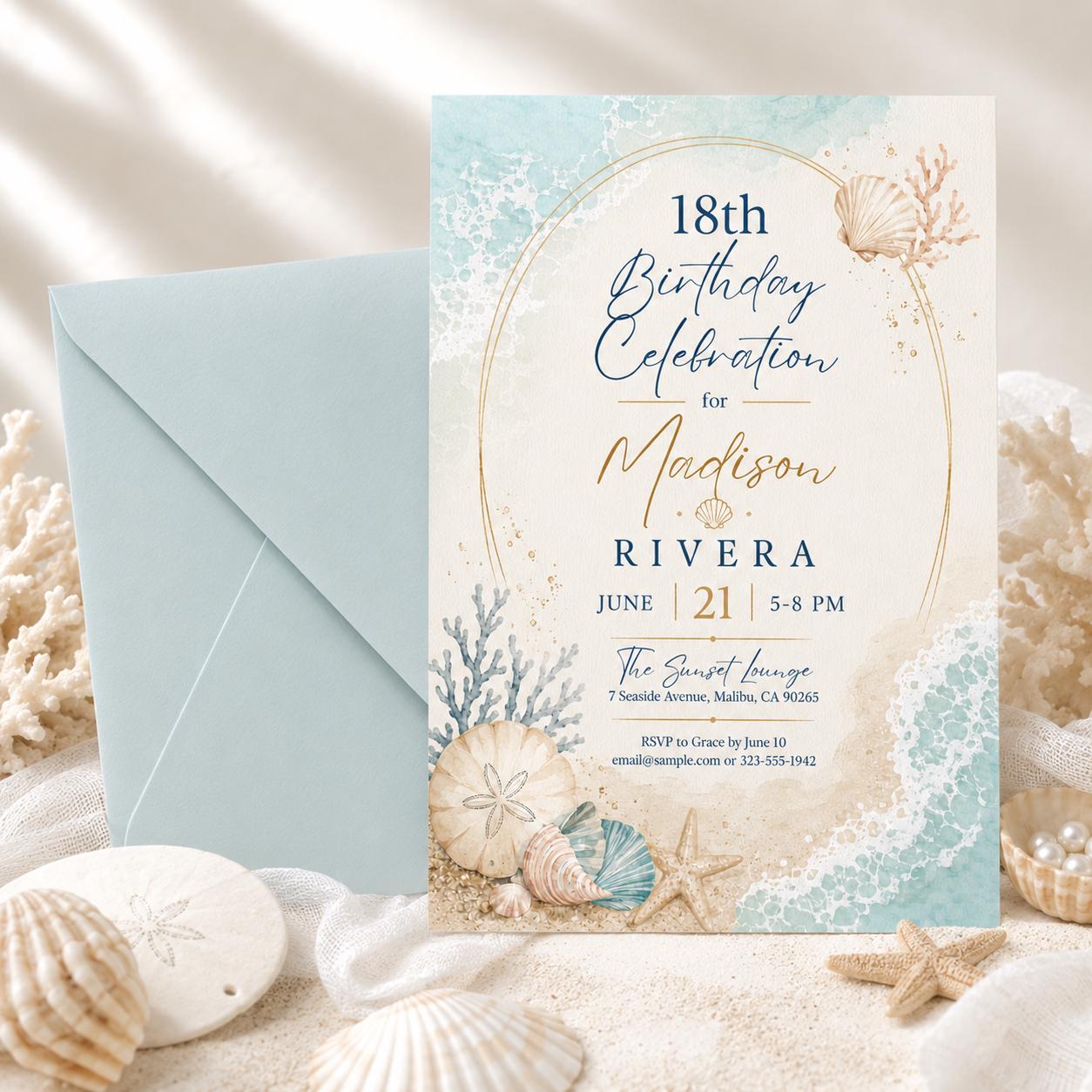 Coastal 18th Birthday Invitation Template, Blue Beach Birthday Brunch Invite, Beach Theme  Party Invitation, editable Blue Coastal Birthday __etsy:8033267122