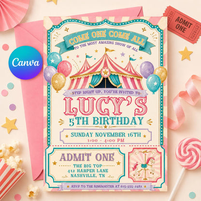 Come One Come All Circus Party Invite, Carnival Birthday Invitation, Circus Birthday Invitation Template, Canva Template __etsy:8088616785