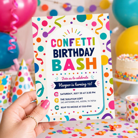 Confetti Birthday Bash Invitation, Editable Colorful Confetti Party Invite, Girl 12th Birthday Template, Printable Digital Download Card __etsy:8129804436
