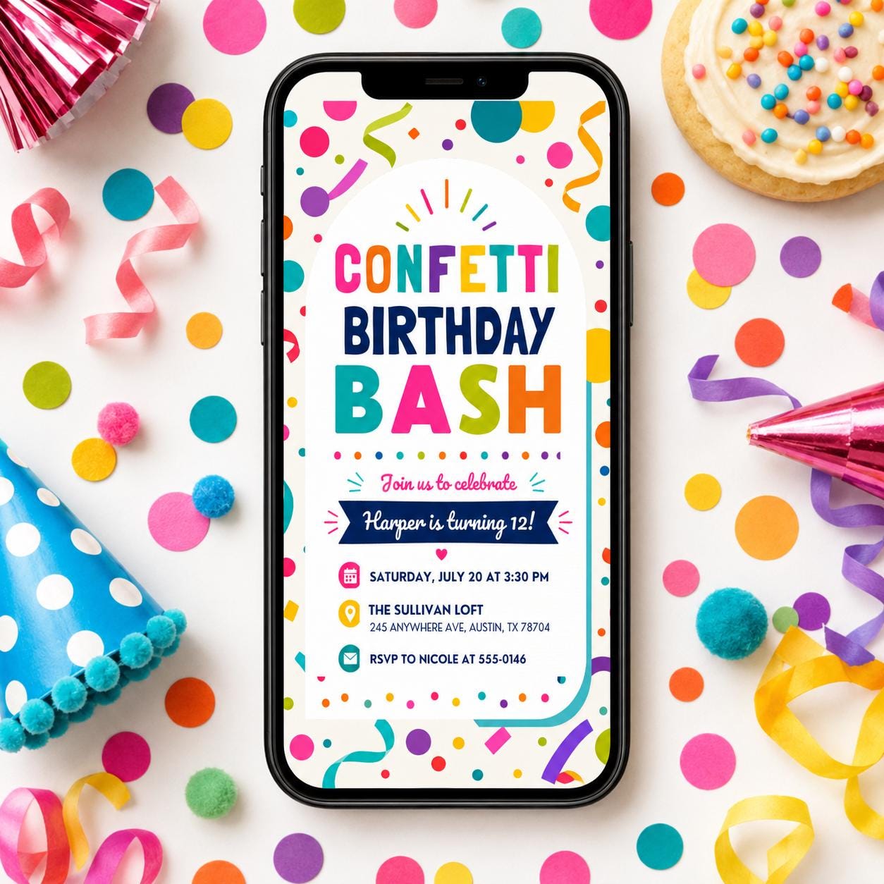 Confetti Birthday Bash Invitation, Editable Colorful Confetti Party Invite, Girl 12th Birthday Template, Printable Digital Download Card __etsy:8177701435