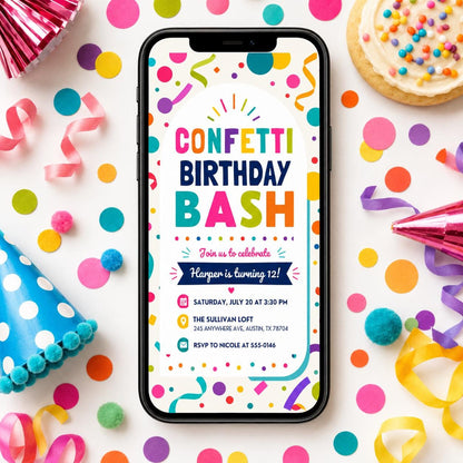 Confetti Birthday Bash Invitation, Editable Colorful Confetti Party Invite, Girl 12th Birthday Template, Printable Digital Download Card __etsy:8177701435