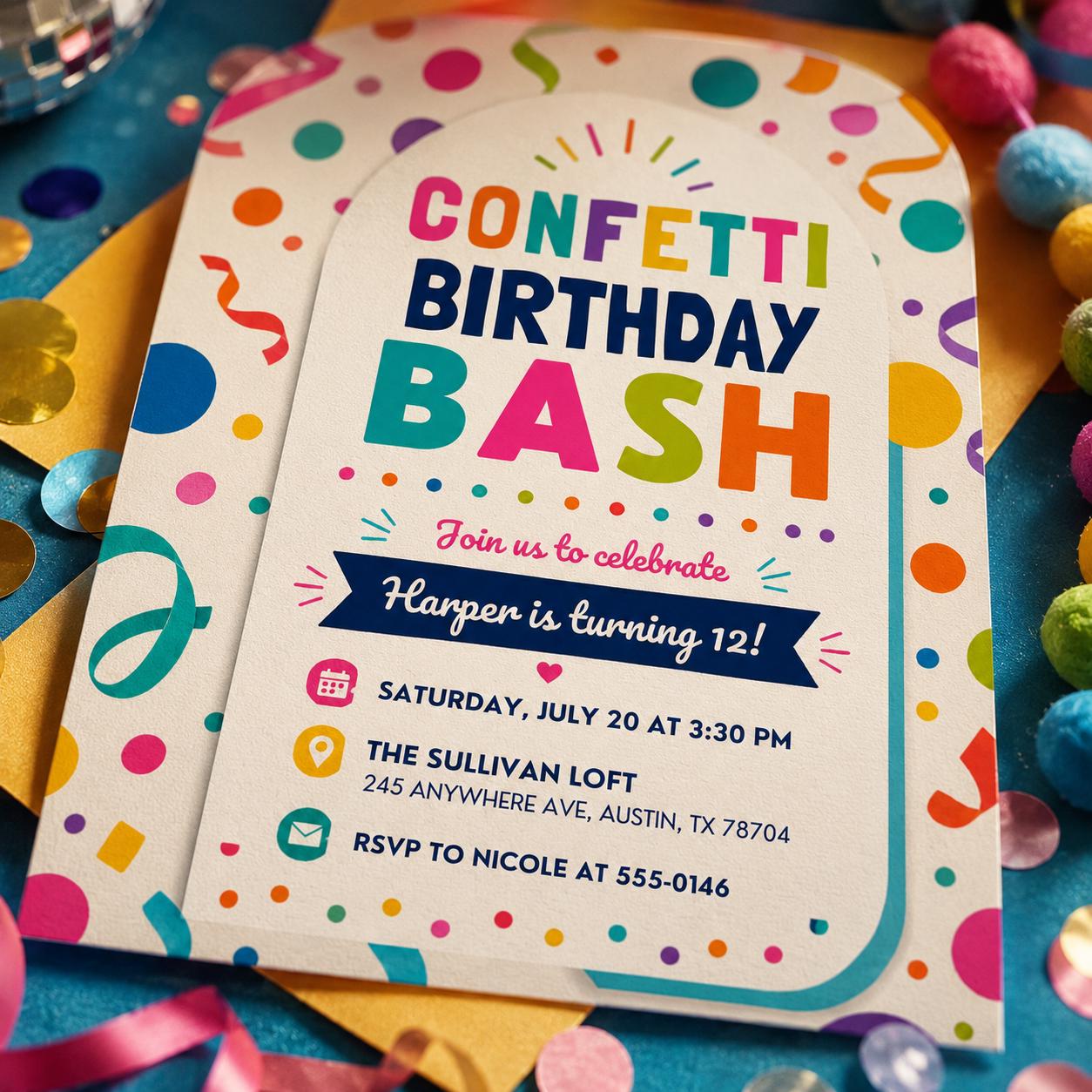Confetti Birthday Bash Invitation, Editable Colorful Confetti Party Invite, Girl 12th Birthday Template, Printable Digital Download Card __etsy:8177701625