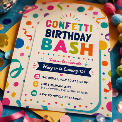Confetti Birthday Bash Invitation, Editable Colorful Confetti Party Invite, Girl 12th Birthday Template, Printable Digital Download Card __etsy:8177701625