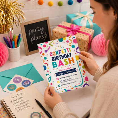 Confetti Birthday Bash Invitation, Editable Colorful Confetti Party Invite, Girl 12th Birthday Template, Printable Digital Download Card __etsy:8177701631