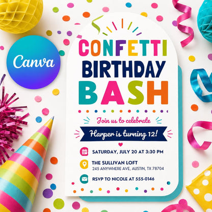 Confetti Birthday Bash Invitation, Editable Colorful Confetti Party Invite, Girl 12th Birthday Template, Printable Digital Download Card __etsy:8129804250