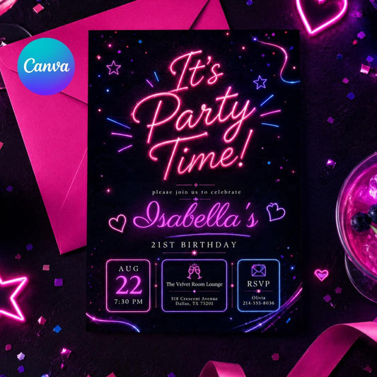 Confetti Party Invitation, It's Party Time, Colorful Invitation, Kids Invitation Template, Neon Party, Birthday, Editable Canva Template __etsy:8048724385
