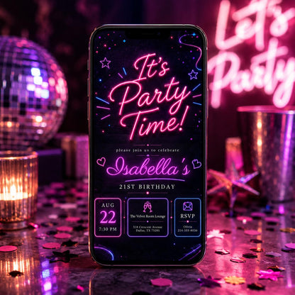 Confetti Party Invitation, It's Party Time, Colorful Invitation, Kids Invitation Template, Neon Party, Birthday, Editable Canva Template __etsy:8047198047