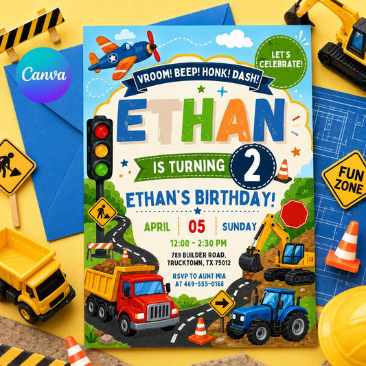 Construction Birthday Invitation, Editable Canva Template,  Dump Truck Builder Party Invite (Editable Canva Template) __etsy:8056815859