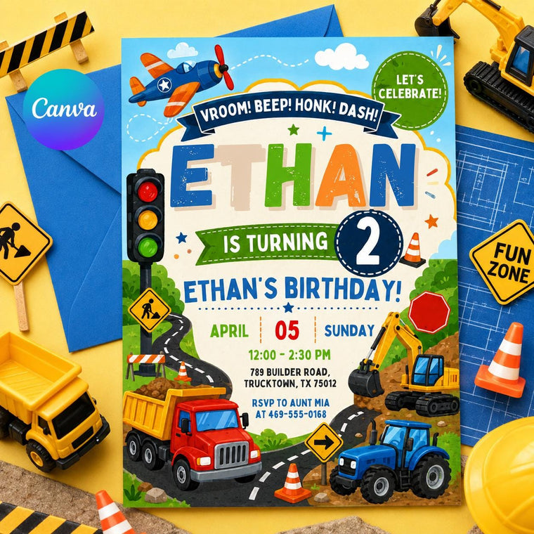 Black and Yellow Construction Birthday Invitation