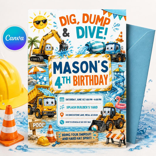 Construction Dig Dump Dive Party, Construction Birthday Invitation, Yellow Excavator Builder Invite, Site Manager Crew Call, Canva template __etsy:8047157468