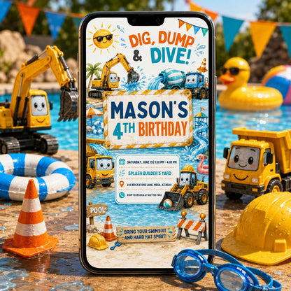 Construction Dig Dump Dive Party, Construction Birthday Invitation, Yellow Excavator Builder Invite, Site Manager Crew Call, Canva template __etsy:8095065695