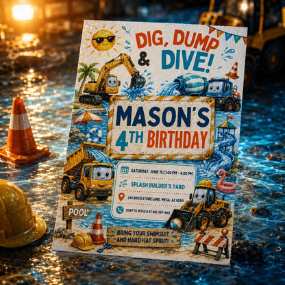 Construction Dig Dump Dive Party, Construction Birthday Invitation, Yellow Excavator Builder Invite, Site Manager Crew Call, Canva template __etsy:8047157810