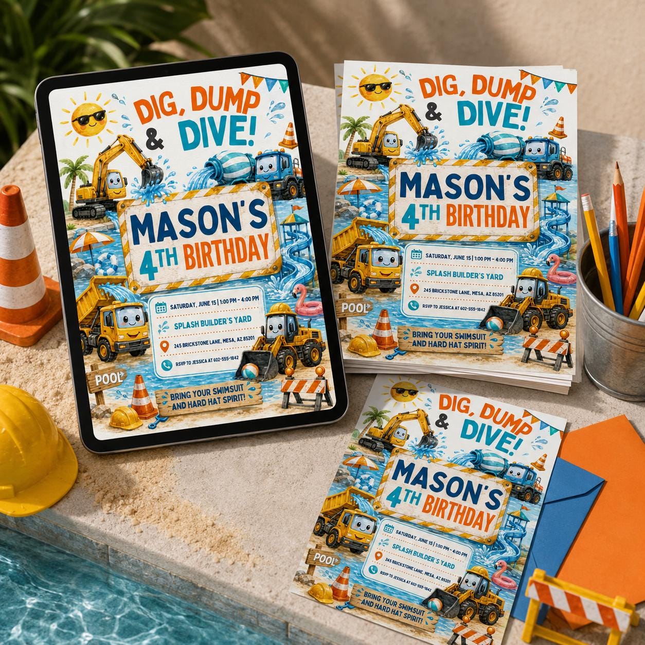 Construction Dig Dump Dive Party, Construction Birthday Invitation, Yellow Excavator Builder Invite, Site Manager Crew Call, Canva template __etsy:8095065931
