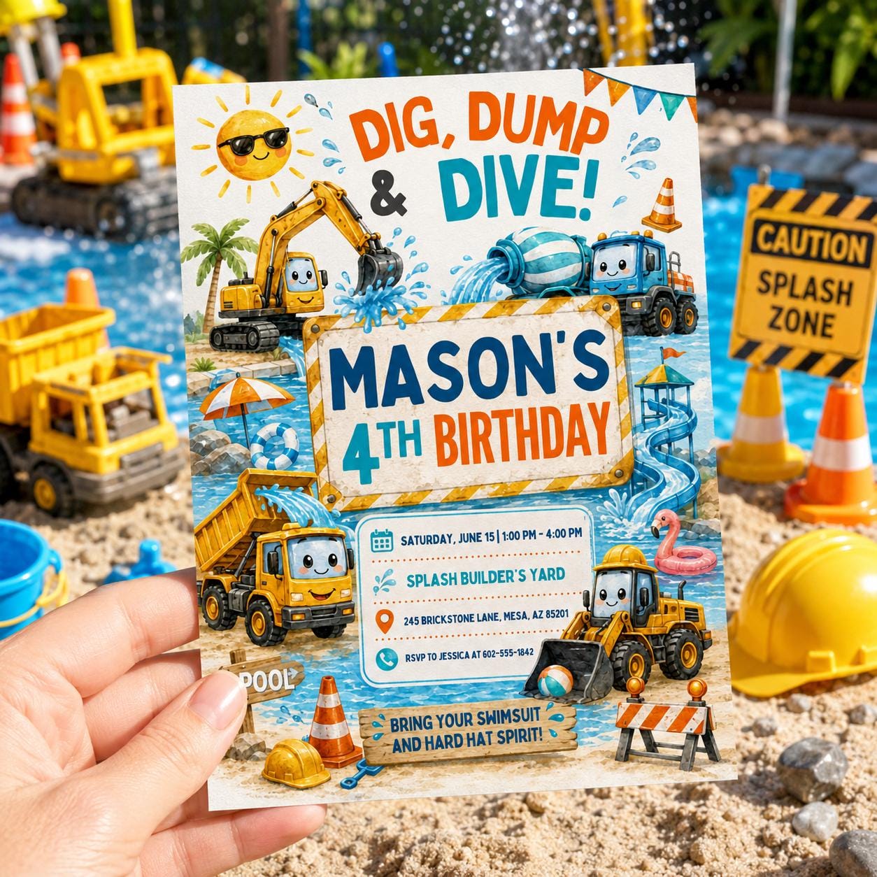Construction Dig Dump Dive Party, Construction Birthday Invitation, Yellow Excavator Builder Invite, Site Manager Crew Call, Canva template __etsy:8047157824