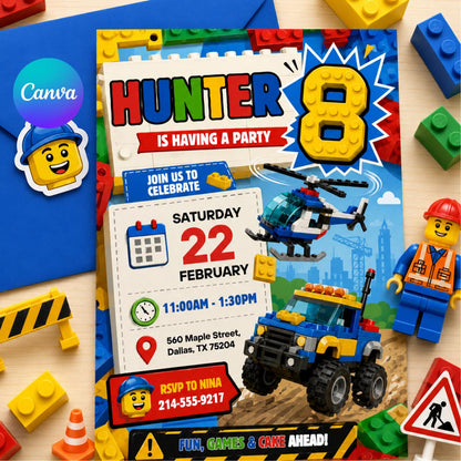 Construction Truck Theme, Building blocks invitation, bricks invite, construction police car invite template, Building blocks invite, Canva __etsy:8032297410