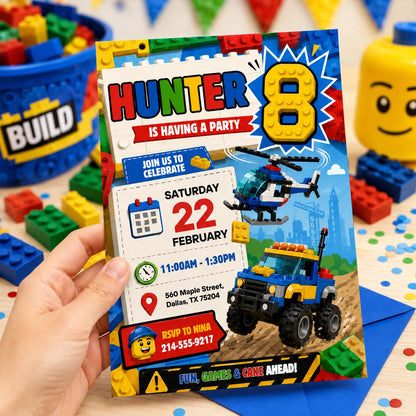 Construction Truck Theme, Building blocks invitation, bricks invite, construction police car invite template, Building blocks invite, Canva __etsy:8032295928