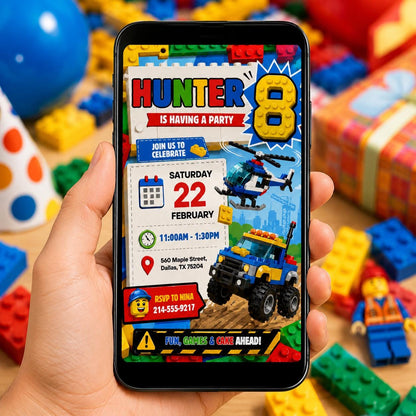 Construction Truck Theme, Building blocks invitation, bricks invite, construction police car invite template, Building blocks invite, Canva __etsy:8080205701
