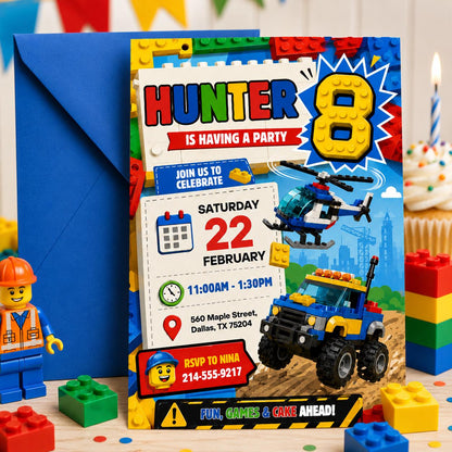 Construction Truck Theme, Building blocks invitation, bricks invite, construction police car invite template, Building blocks invite, Canva __etsy:8032295932
